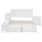 Lit plateforme en bois massif avec rangement, table de chevet, bureau, ports USB et 2 tiroirs, blanc