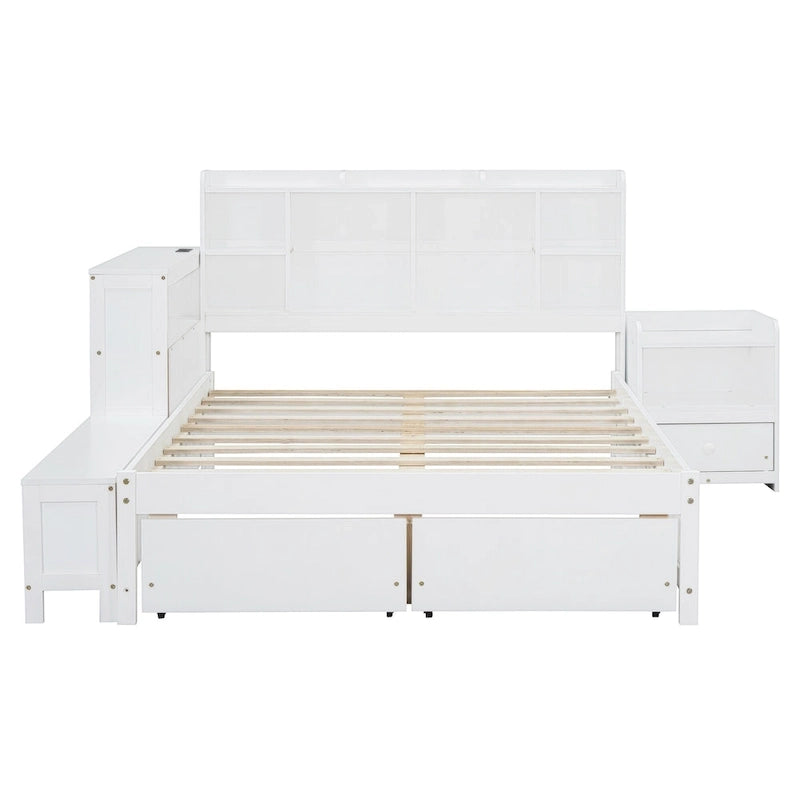 Lit plateforme en bois massif avec rangement, table de chevet, bureau, ports USB et 2 tiroirs, blanc