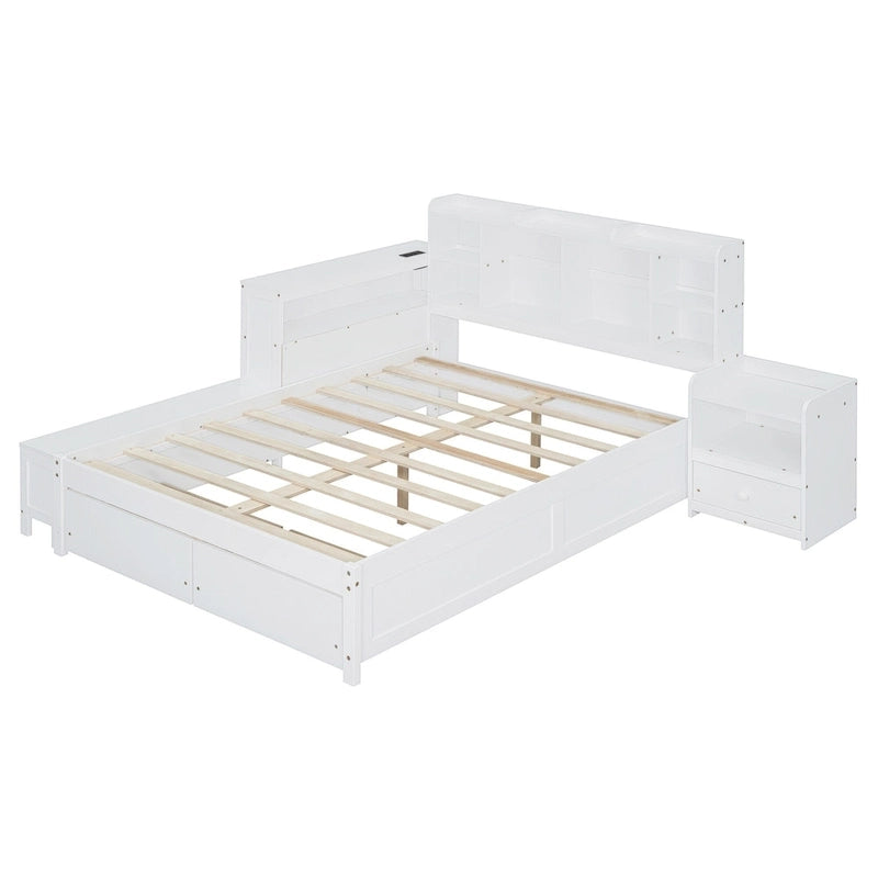 Lit plateforme en bois massif avec rangement, table de chevet, bureau, ports USB et 2 tiroirs, blanc
