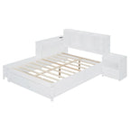 Lit plateforme en bois massif avec rangement, table de chevet, bureau, ports USB et 2 tiroirs, blanc