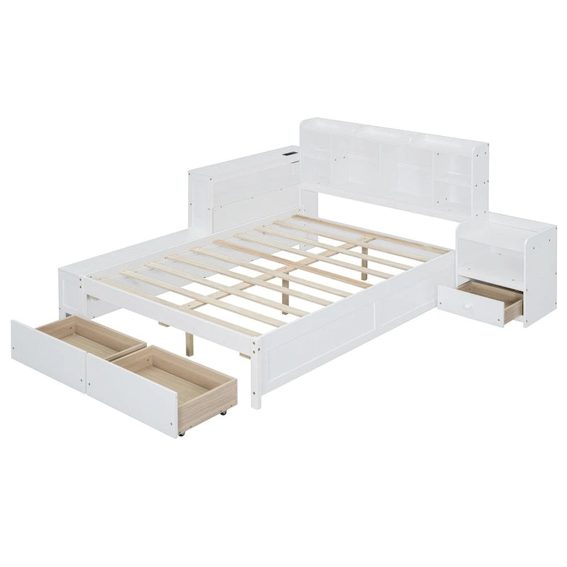 Lit plateforme en bois massif avec rangement, table de chevet, bureau, ports USB et 2 tiroirs, blanc