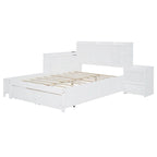 Lit plateforme en bois massif avec rangement, table de chevet, bureau, ports USB et 2 tiroirs, blanc