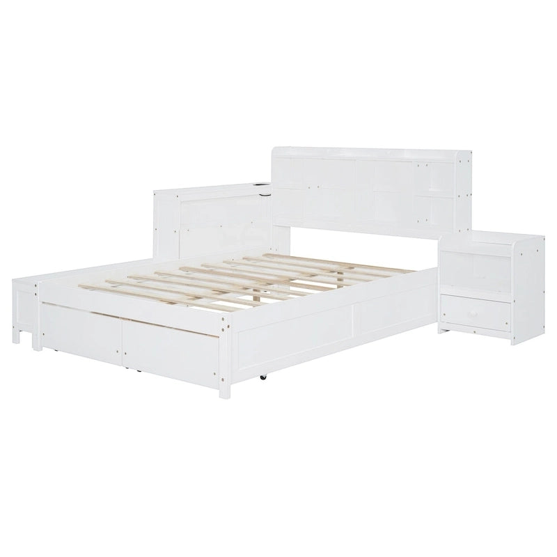Lit plateforme en bois massif avec rangement, table de chevet, bureau, ports USB et 2 tiroirs, blanc