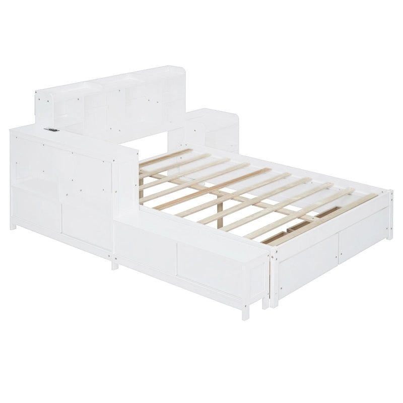 Lit plateforme en bois massif avec rangement, table de chevet, bureau, ports USB et 2 tiroirs, blanc