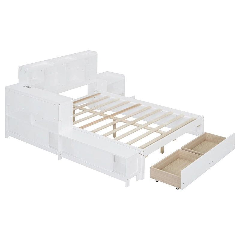 Lit plateforme en bois massif avec rangement, table de chevet, bureau, ports USB et 2 tiroirs, blanc