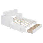 Lit plateforme en bois massif avec rangement, table de chevet, bureau, ports USB et 2 tiroirs, blanc