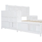 Lit plateforme en bois massif avec rangement, table de chevet, bureau, ports USB et 2 tiroirs, blanc
