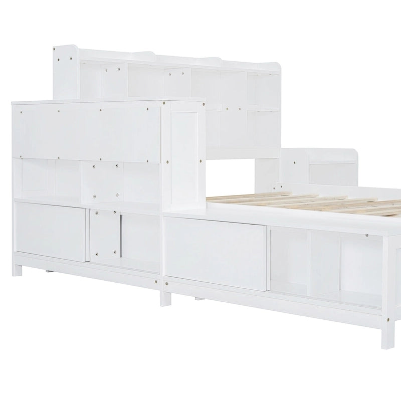 Lit plateforme en bois massif avec rangement, table de chevet, bureau, ports USB et 2 tiroirs, blanc