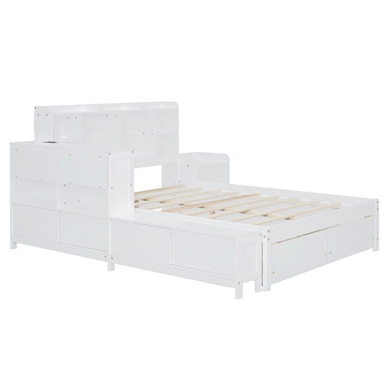 Lit plateforme en bois massif avec rangement, table de chevet, bureau, ports USB et 2 tiroirs, blanc