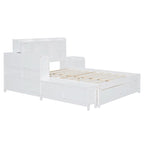 Lit plateforme en bois massif avec rangement, table de chevet, bureau, ports USB et 2 tiroirs, blanc
