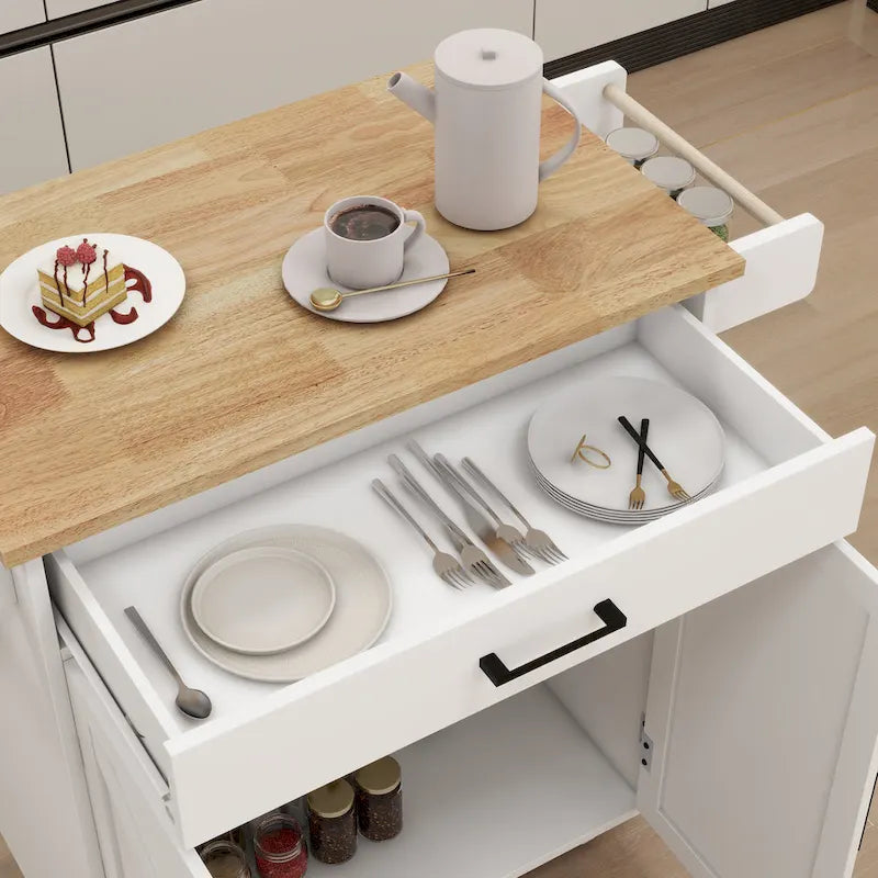 Chariot de cuisine roulant avec plateau en bois et hévéa, 1 tiroir, 2 portes et porte-serviettes.