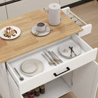 Chariot de cuisine roulant avec plateau en bois et hévéa, 1 tiroir, 2 portes et porte-serviettes.