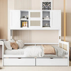 Lit de jour moderne en bois, format standard, avec plateforme de rangement, armoire intégrée, 2 tiroirs et étagère.