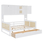 Lit de jour moderne en bois, format standard, avec plateforme de rangement, armoire intégrée, 2 tiroirs et étagère.