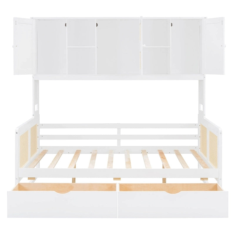 Lit de jour moderne en bois, format standard, avec plateforme de rangement, armoire intégrée, 2 tiroirs et étagère.