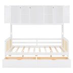 Lit de jour moderne en bois, format standard, avec plateforme de rangement, armoire intégrée, 2 tiroirs et étagère.