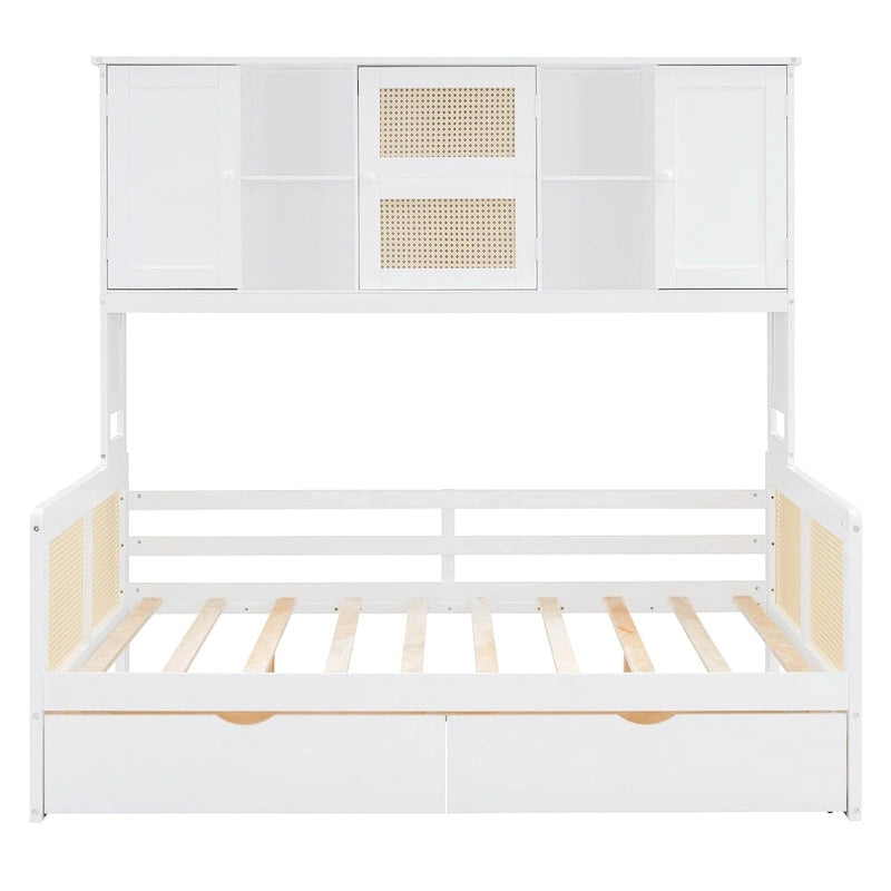 Lit de jour moderne en bois, format standard, avec plateforme de rangement, armoire intégrée, 2 tiroirs et étagère.