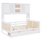 Lit de jour moderne en bois, format standard, avec plateforme de rangement, armoire intégrée, 2 tiroirs et étagère.