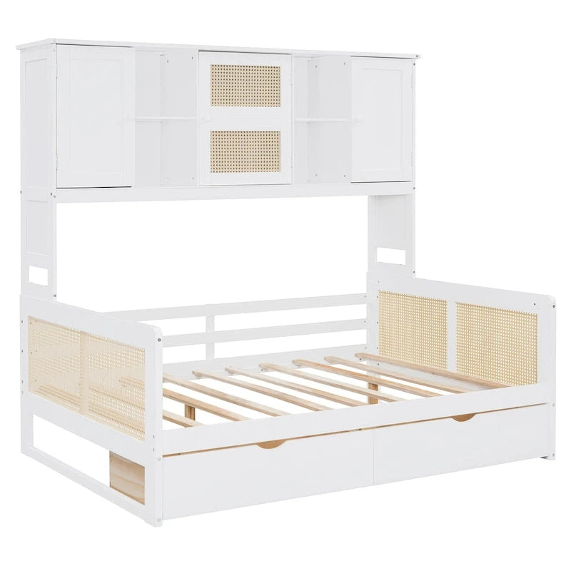 Lit de jour moderne en bois, format standard, avec plateforme de rangement, armoire intégrée, 2 tiroirs et étagère.
