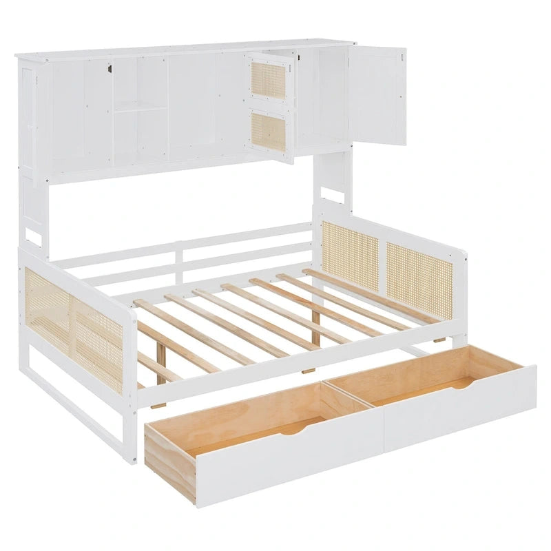 Lit de jour moderne en bois, format standard, avec plateforme de rangement, armoire intégrée, 2 tiroirs et étagère.