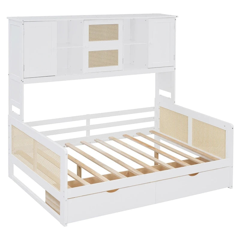 Lit de jour moderne en bois, format standard, avec plateforme de rangement, armoire intégrée, 2 tiroirs et étagère.