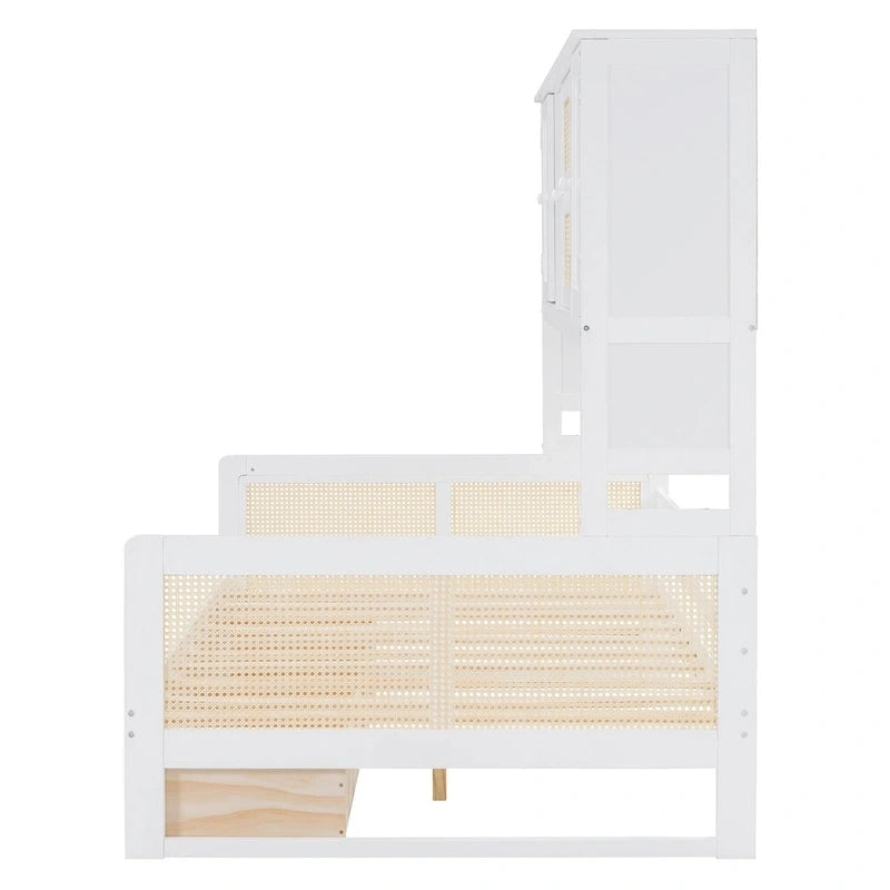 Lit de jour moderne en bois, format standard, avec plateforme de rangement, armoire intégrée, 2 tiroirs et étagère.