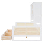 Lit de jour moderne en bois, format standard, avec plateforme de rangement, armoire intégrée, 2 tiroirs et étagère.