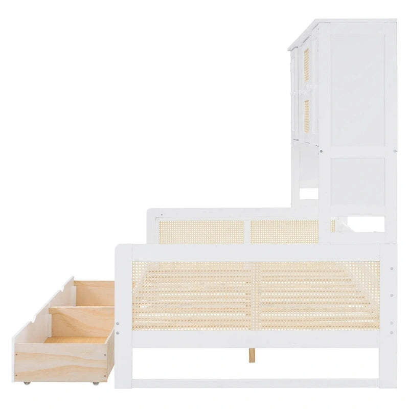 Lit de jour moderne en bois, format standard, avec plateforme de rangement, armoire intégrée, 2 tiroirs et étagère.