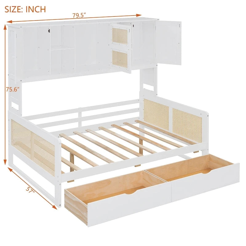 Lit de jour moderne en bois, format standard, avec plateforme de rangement, armoire intégrée, 2 tiroirs et étagère.