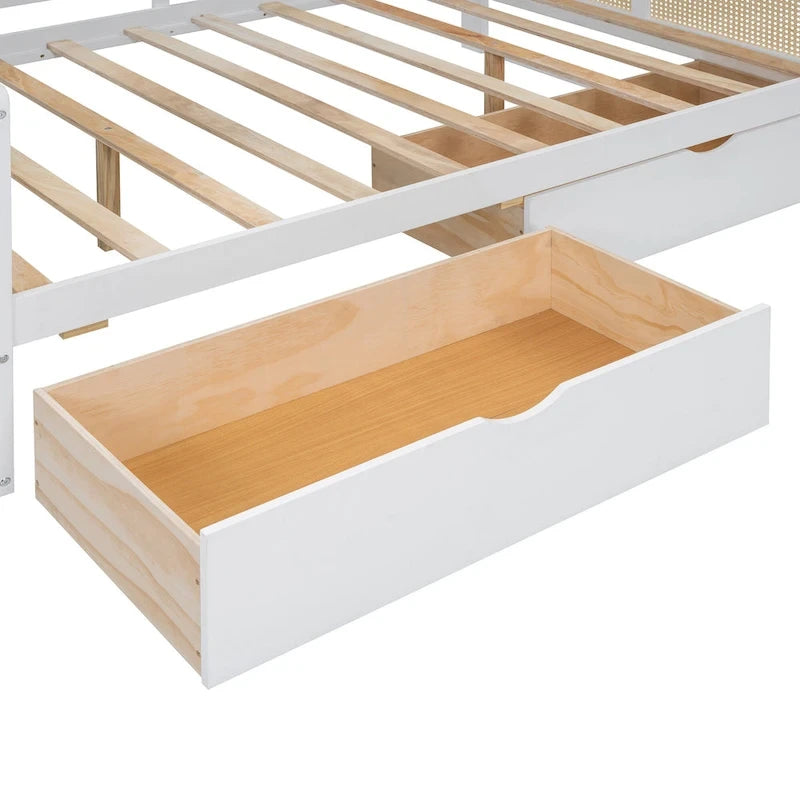 Lit de jour moderne en bois, format standard, avec plateforme de rangement, armoire intégrée, 2 tiroirs et étagère.