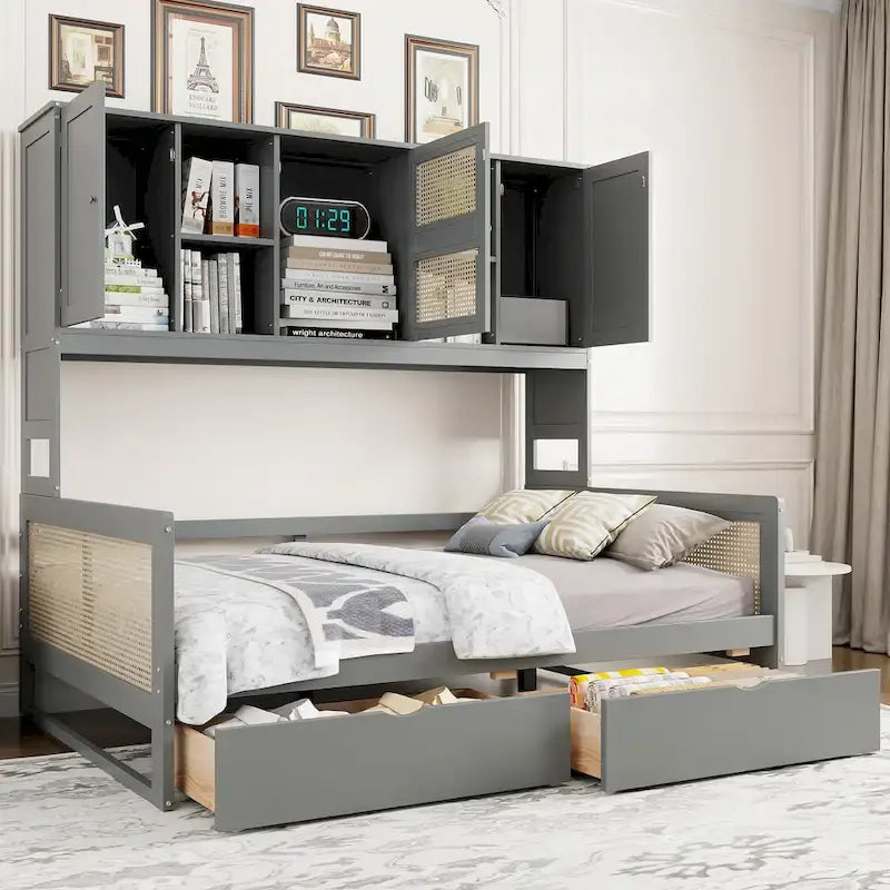 Lit de jour moderne en bois, format standard, avec plateforme de rangement, armoire intégrée, 2 tiroirs et étagère.