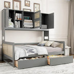 Lit de jour moderne en bois, format standard, avec plateforme de rangement, armoire intégrée, 2 tiroirs et étagère.