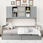 Lit de jour moderne en bois, format standard, avec plateforme de rangement, armoire intégrée, 2 tiroirs et étagère.