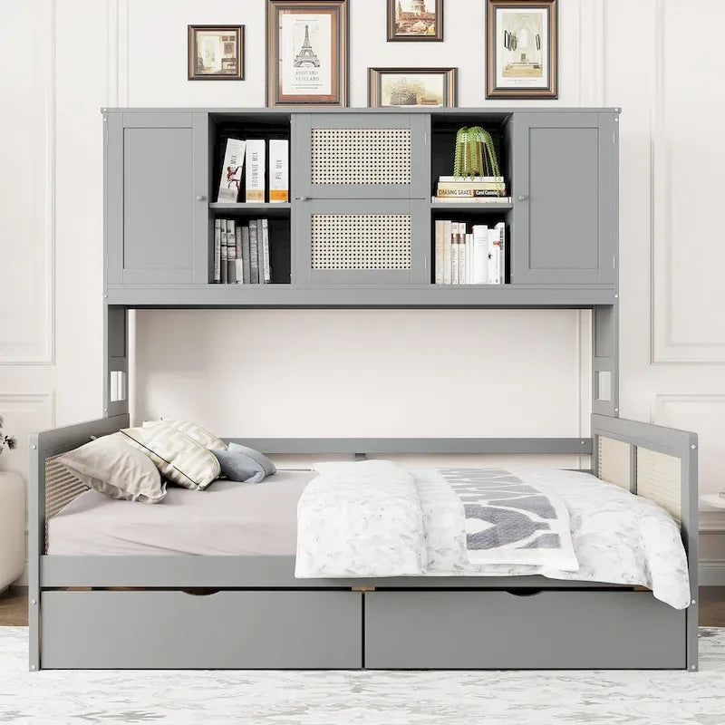Lit de jour moderne en bois, format standard, avec plateforme de rangement, armoire intégrée, 2 tiroirs et étagère.