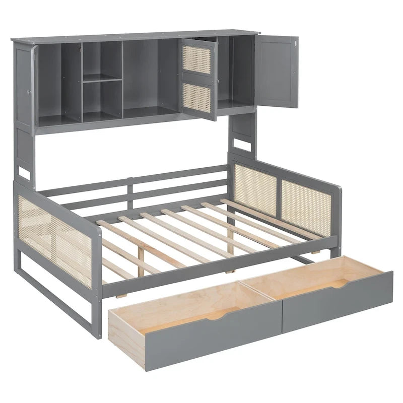 Lit de jour moderne en bois, format standard, avec plateforme de rangement, armoire intégrée, 2 tiroirs et étagère.
