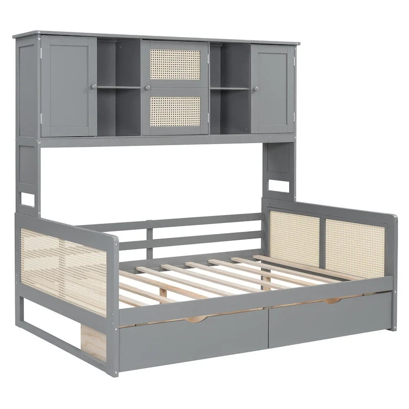 Lit de jour moderne en bois, format standard, avec plateforme de rangement, armoire intégrée, 2 tiroirs et étagère.