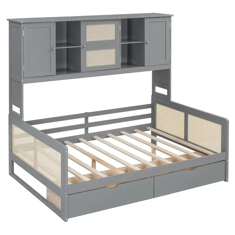 Lit de jour moderne en bois, format standard, avec plateforme de rangement, armoire intégrée, 2 tiroirs et étagère.