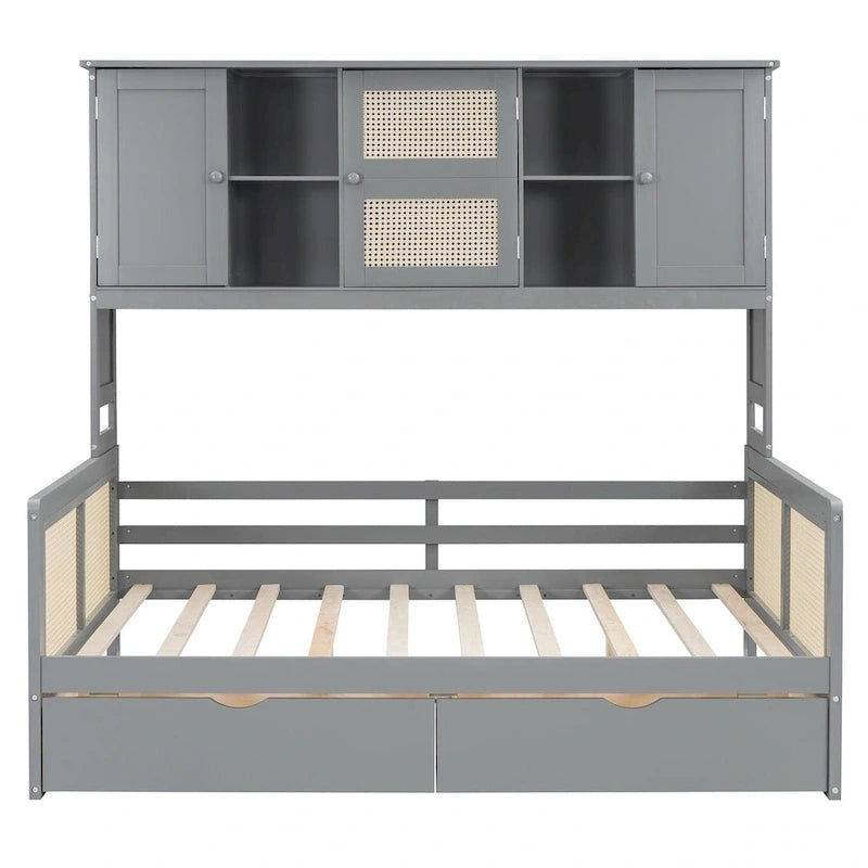 Lit de jour moderne en bois, format standard, avec plateforme de rangement, armoire intégrée, 2 tiroirs et étagère.