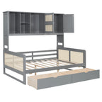 Lit de jour moderne en bois, format standard, avec plateforme de rangement, armoire intégrée, 2 tiroirs et étagère.