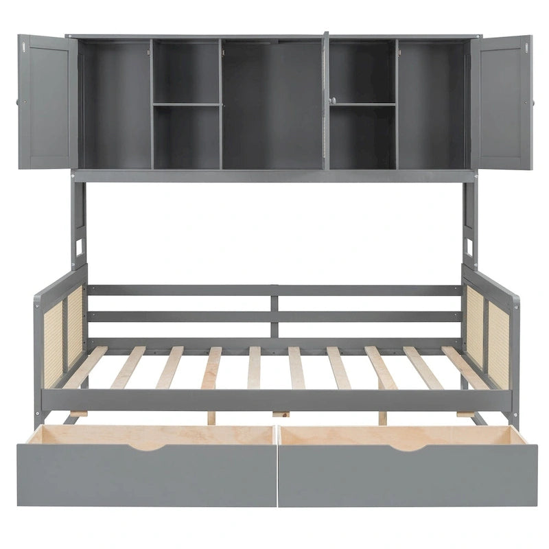 Lit de jour moderne en bois, format standard, avec plateforme de rangement, armoire intégrée, 2 tiroirs et étagère.