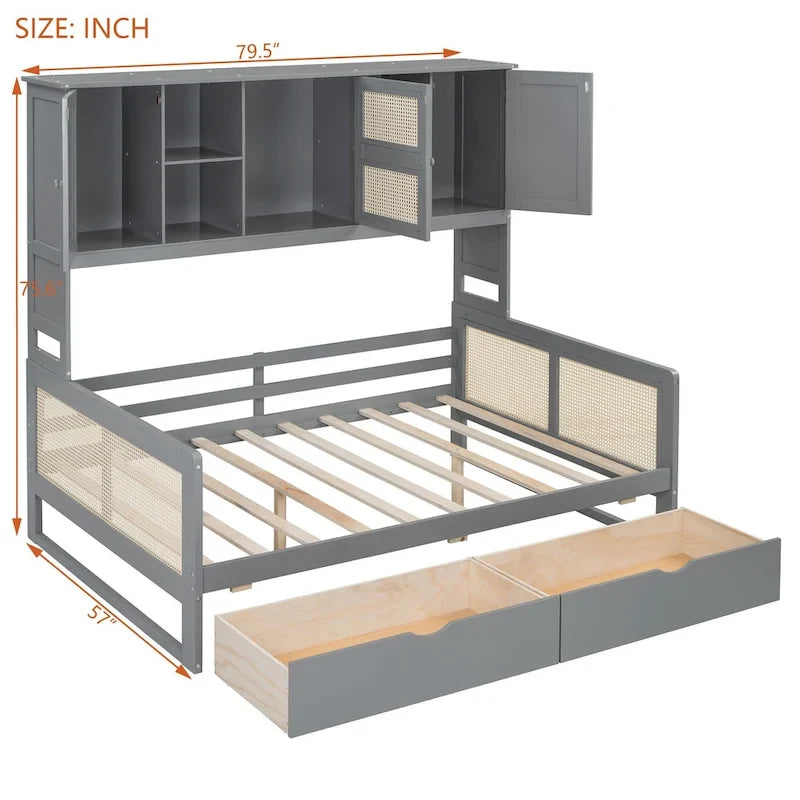 Lit de jour moderne en bois, format standard, avec plateforme de rangement, armoire intégrée, 2 tiroirs et étagère.