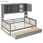 Lit de jour moderne en bois, format standard, avec plateforme de rangement, armoire intégrée, 2 tiroirs et étagère.