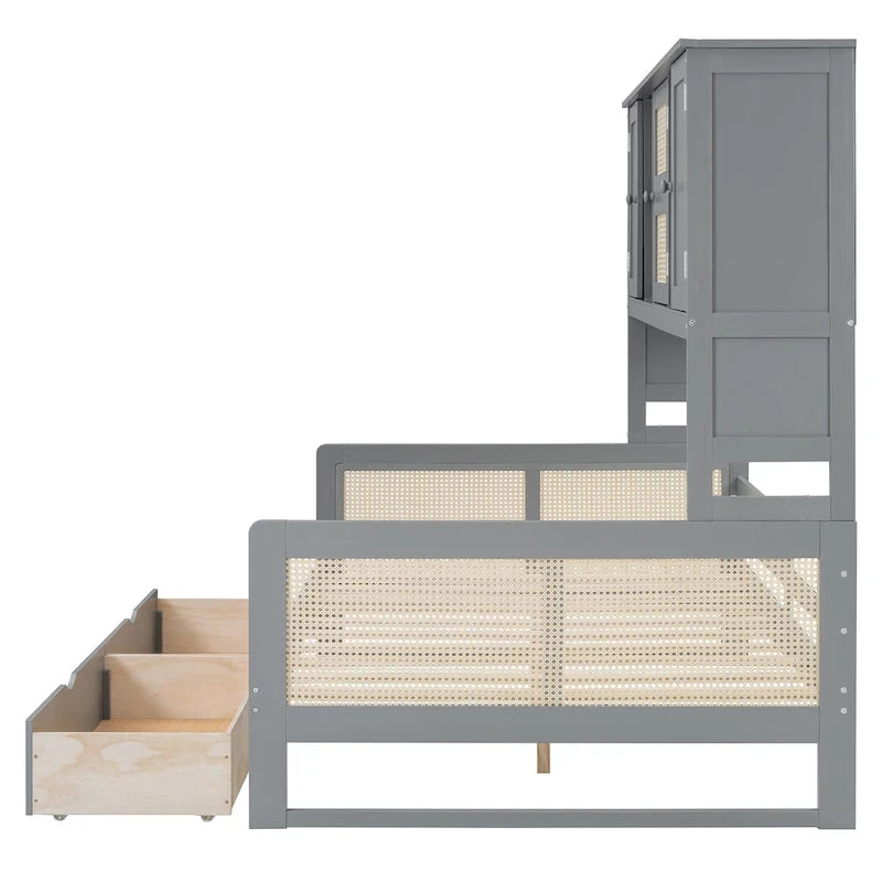 Lit de jour moderne en bois, format standard, avec plateforme de rangement, armoire intégrée, 2 tiroirs et étagère.