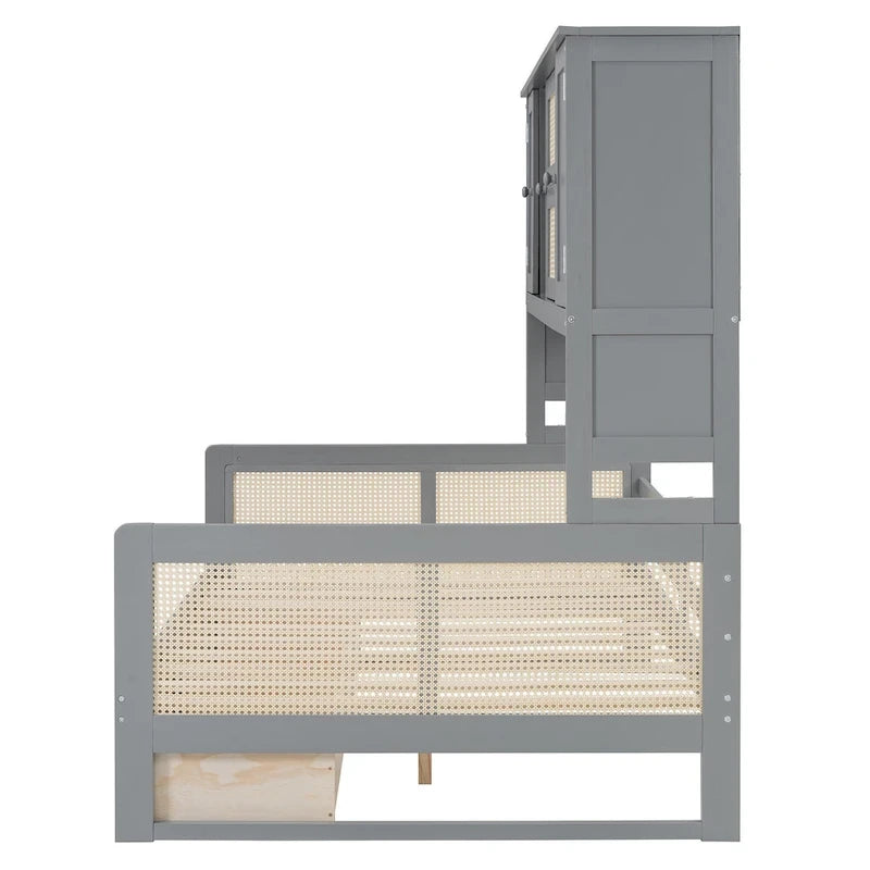 Lit de jour moderne en bois, format standard, avec plateforme de rangement, armoire intégrée, 2 tiroirs et étagère.