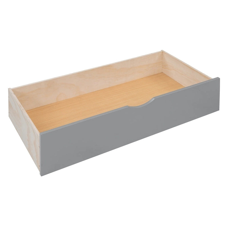 Lit de jour moderne en bois, format standard, avec plateforme de rangement, armoire intégrée, 2 tiroirs et étagère.