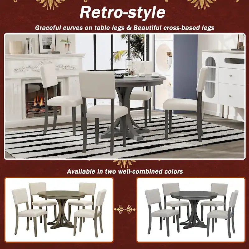Ensemble de table et chaises de salle à manger rondes rétro 5 pièces, style ferme, avec pieds de table incurvés.