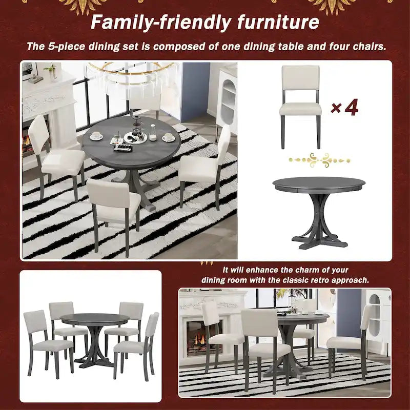 Ensemble de table et chaises de salle à manger rondes rétro 5 pièces, style ferme, avec pieds de table incurvés.