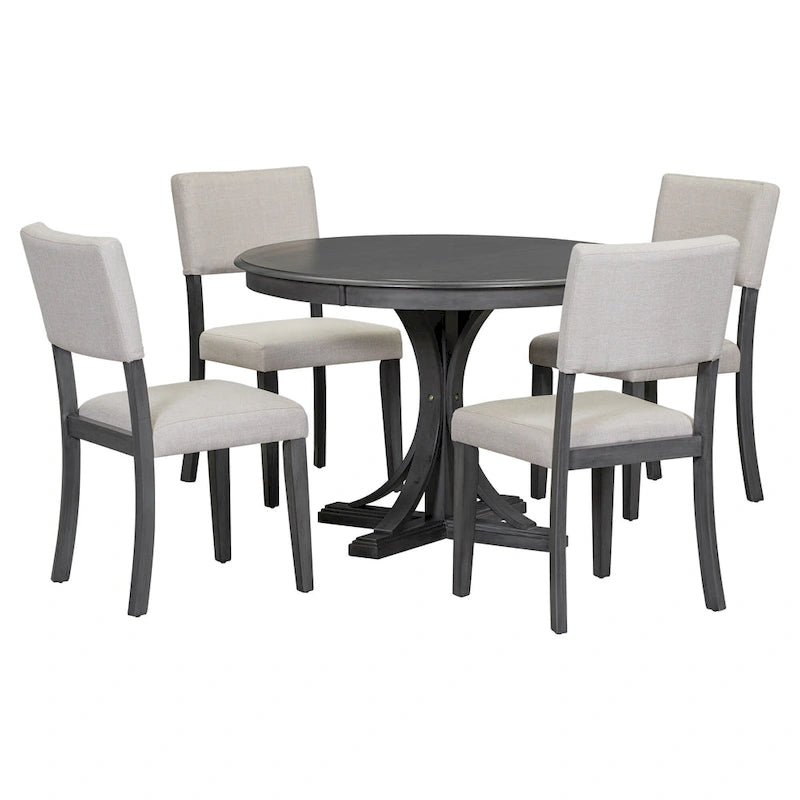 Ensemble de table et chaises de salle à manger rondes rétro 5 pièces, style ferme, avec pieds de table incurvés.