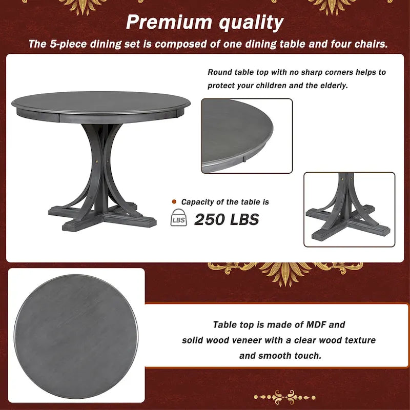 Ensemble de table et chaises de salle à manger rondes rétro 5 pièces, style ferme, avec pieds de table incurvés.