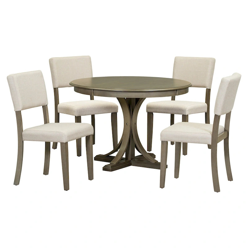 Ensemble de table et chaises de salle à manger rondes rétro 5 pièces, style ferme, avec pieds de table incurvés.